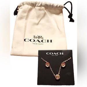 Coach NWT Open Circle Necklace & Tea Rose Stud Earring Set Rose Gold w/D…